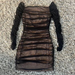 BEBE mesh overlay ruched dress